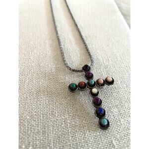 Vintage Sterling Silver Cross Necklace Brooch Combo Multi Color Stones
